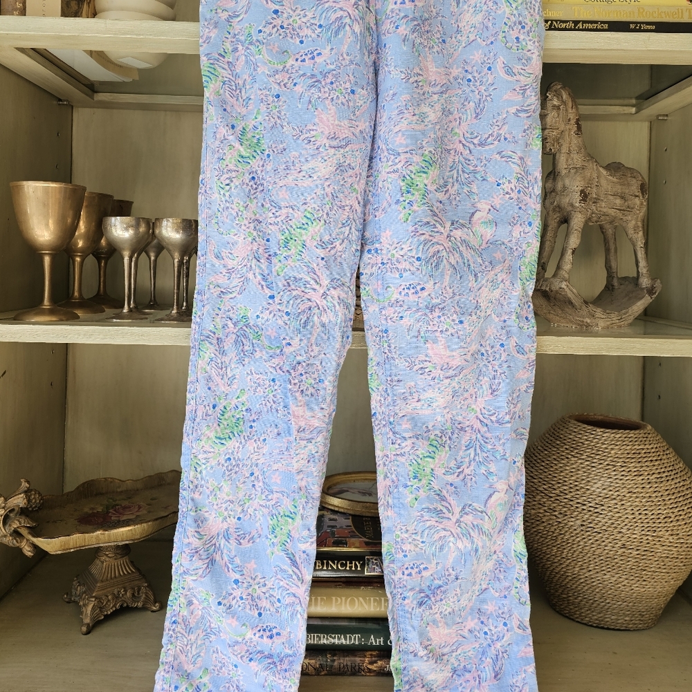 Lilly Pulitzer 100% Linen Floral Trouser Blue Peri Turtle Package Pants - Picture 8 of 12